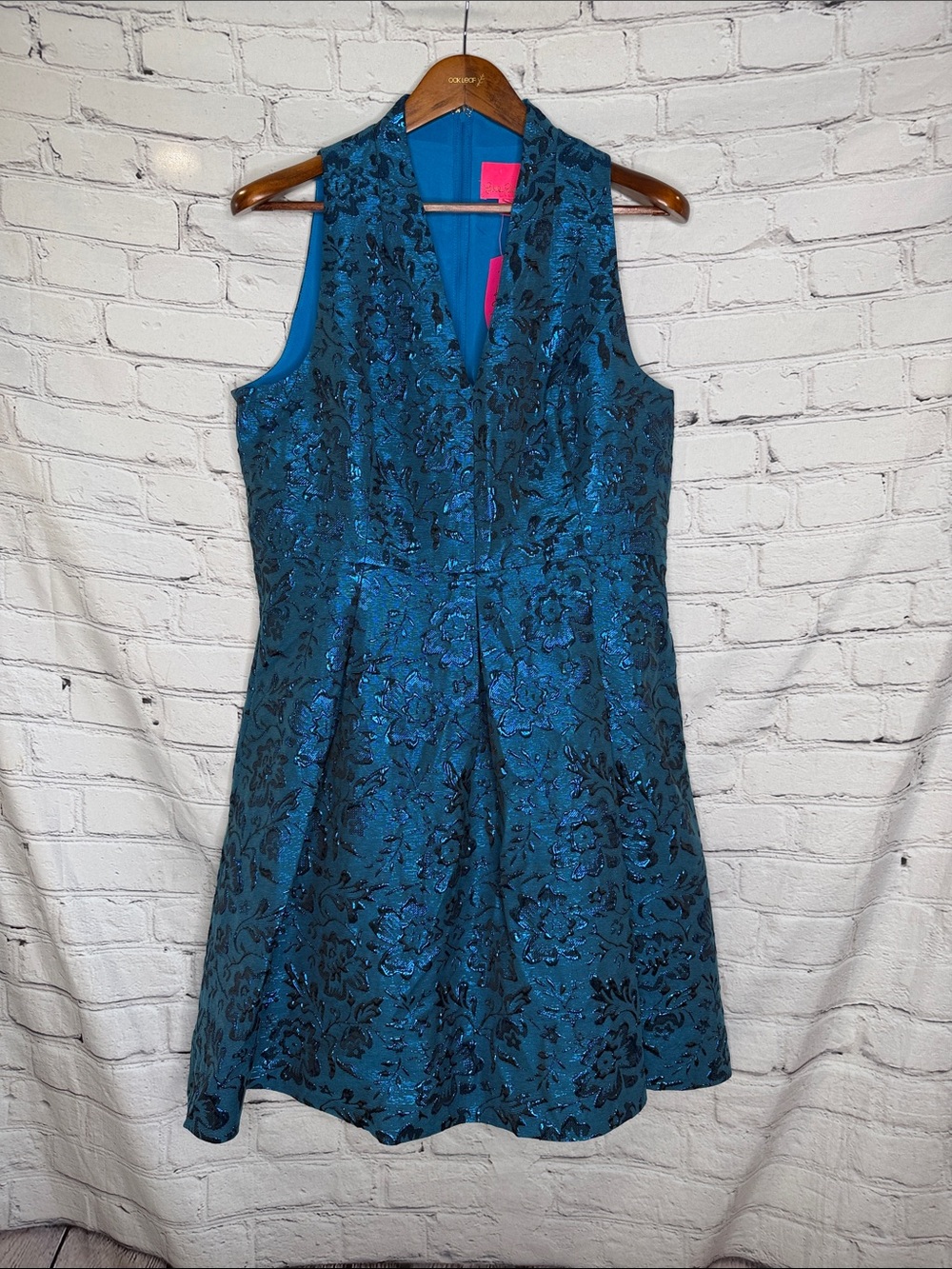 Lilly Pulitzer Metallic Teal Brocade Sleeveless Fit-and-Flare Dress Size 14 New